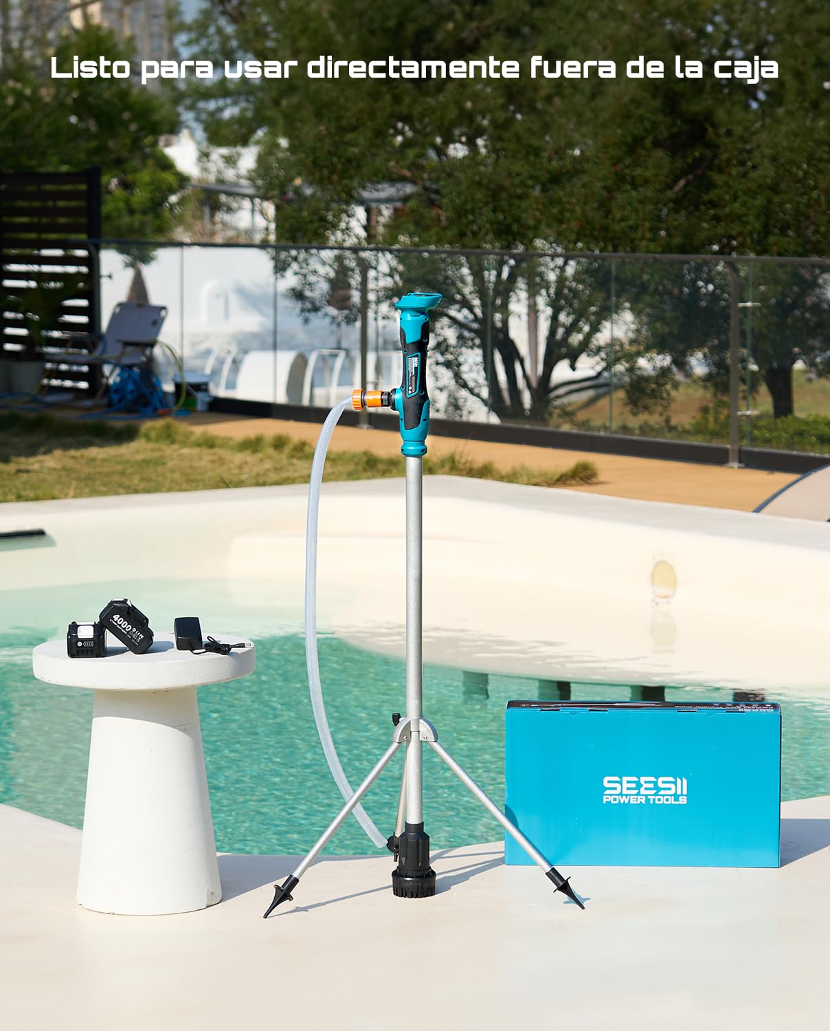 SEESII Kabelloses Stab-Wassertransferpumpe mit Stativ, Freihändige Nutzung | 2725 L/h & 10M Förderhöhe, 2×4.0Ah Akkus, Tragbares Design, für Pool, Bootsbilge, Garten, Regentonnen & Keller
