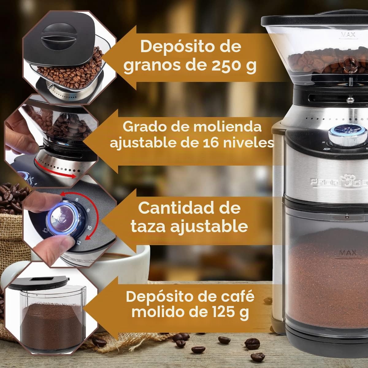 ProfiCook PC-EKM 1205 - Molinillo de café eléctrico, 200 W, 16 ajustes de grado de molienda, acero inoxidable, molinillo de café, hasta 230 g de granos de café, temporizador eléctrico
