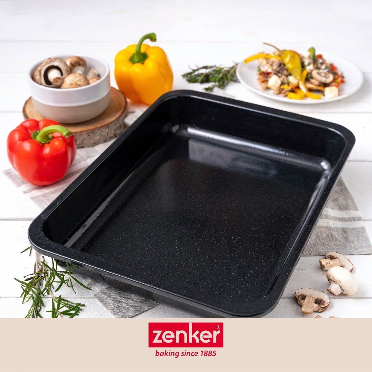 Zenker 7293 plat au four grand taille rectangulaire XXL, pour gratin, moule à gâteau, Pour rôtir, Acier émaillé, noir, 40 x 29 x 6 cm