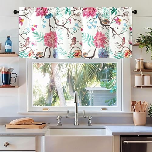 Miniatura 229 de VOGOL Cenefas con patrón de pájaros para ventanas de cocina, cenefa texturizada de lino con estampado floral y pájaros para ventanas pequeñas