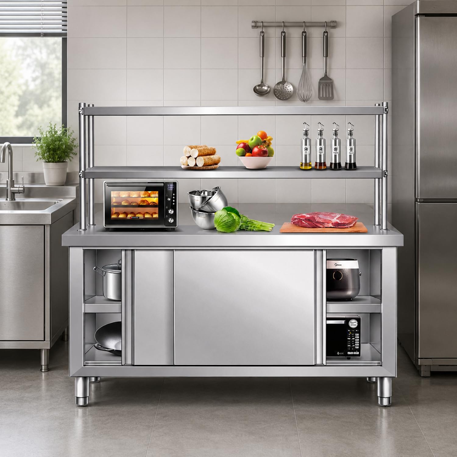 Tavolo in Acciaio Inox con Ampio vano portaoggetti, Tavolo Pre-assemblato Professionale e Resistente, Ideale per Cucina Domestica, Ristorante, Garage e Magazzino,59 * 31.5in