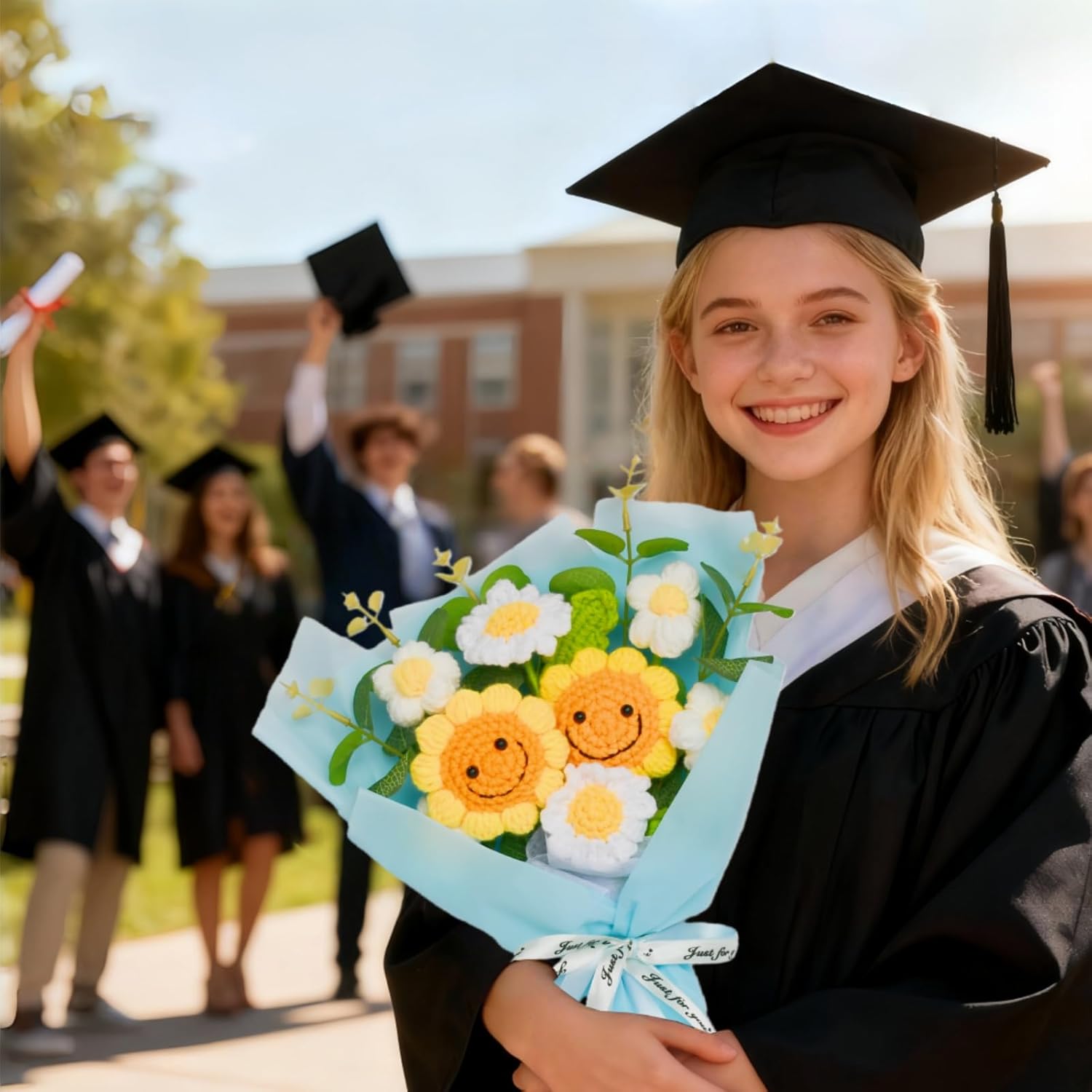 Crochet Flower Bouquet Handmade Knitted Sunflower Artificial Bouquet Positive Crocheted Sunflowers Bouquet with Exquisite Wrap for Valentine Mother's Day Graduation Anniversary（Blue）