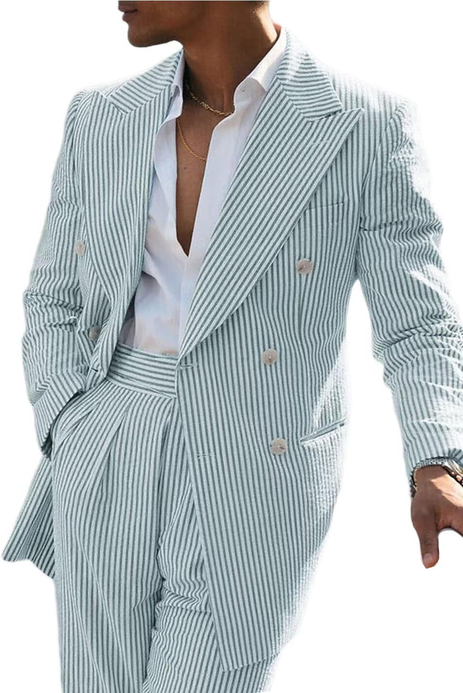 Men's Striped Seersucker Suits 2 Piece Slim Fit Wedding Tuxedo Summer Beach Leisure Suits Sets