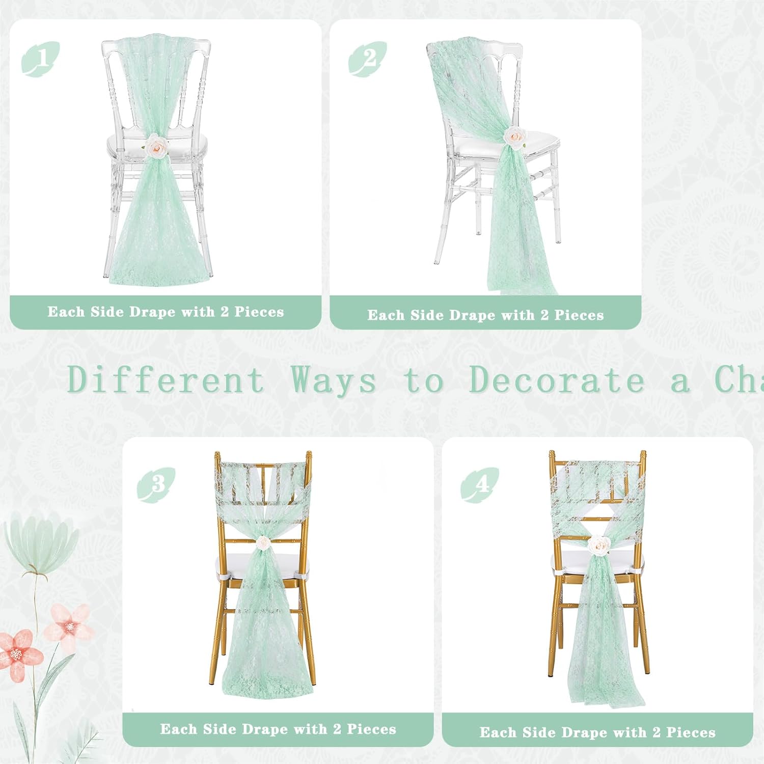 QueenDream Light Green Lace Wedding Chair Sashes 32 Pieces Vintage Boho Rustic Draping Fabric for Ceremony Reception Outdoor Chair Decorations
