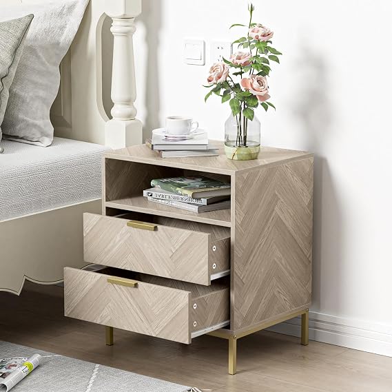 Modern Bedside Tabls with Drawers Wood Bed Side Table for Bedroom Living Room Office Herringbone Small Chest of Drawers with Open Compartment, Metal Legs, 50.2 x 40 x 60.2 cm