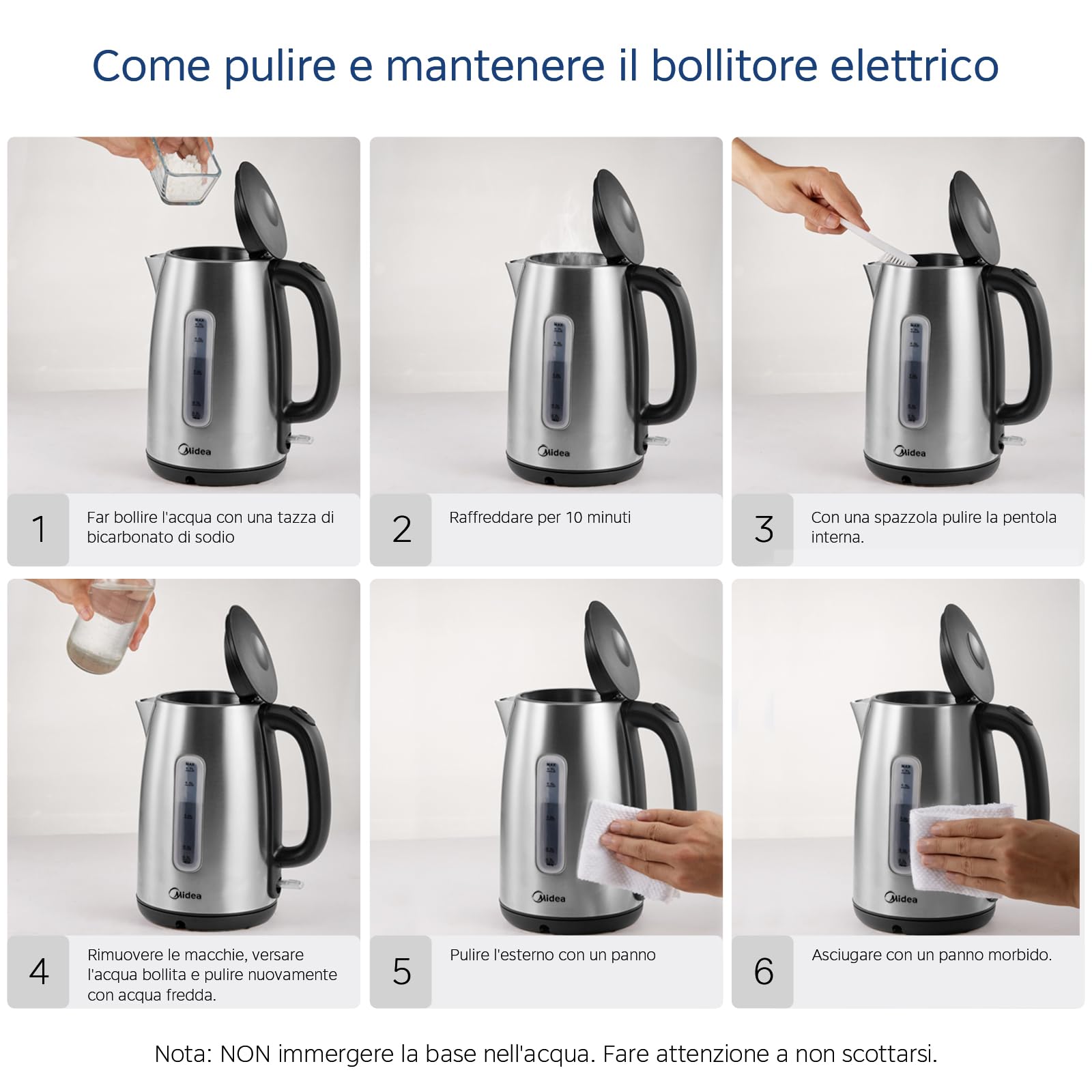 Midea Bollitore Elettrico 1,7L, Acciaio Inox, Kettle senza BPA, 2200 W, Bollitore Acqua con indicatore del livello dell'acqua, indicatore LED, Base di rotazione a 360°
