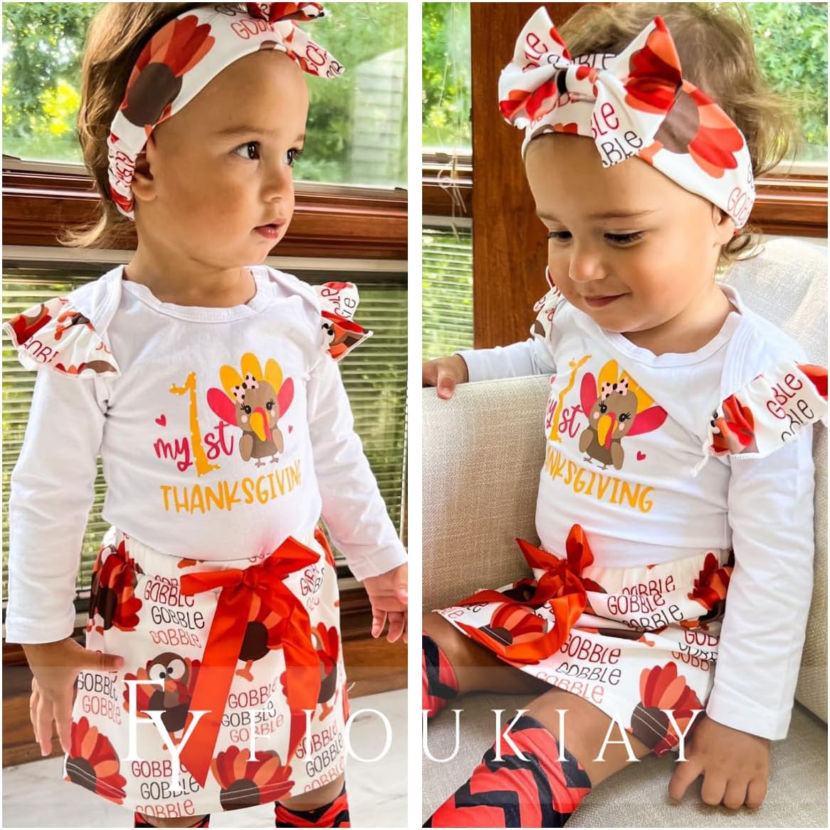fioukiay My First Thanksgiving Baby Girls Outfit Turkey Romper Short Skirt with Headband Infant Newborn Clothes Set - Image 4