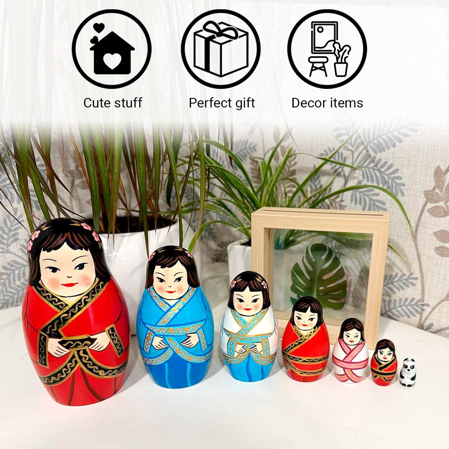 AEVVV Chinese Nesting Dolls Set 7 pcs - Matryoshka Dolls in Chinese Hanfu Dress Women - Wooden Kokeshi Dolls - Chinese Dolls for Asian Decor - Chinese Gifts - Russian Nesting Dolls