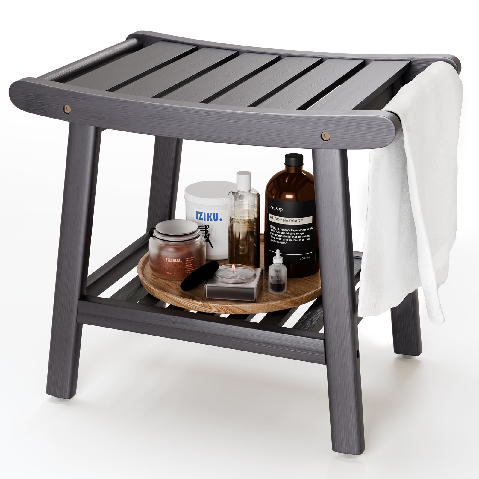 Photo 1 of Bamboo Shower Stool Bench,Shower Chair for Inside Shower with Storage Shelf