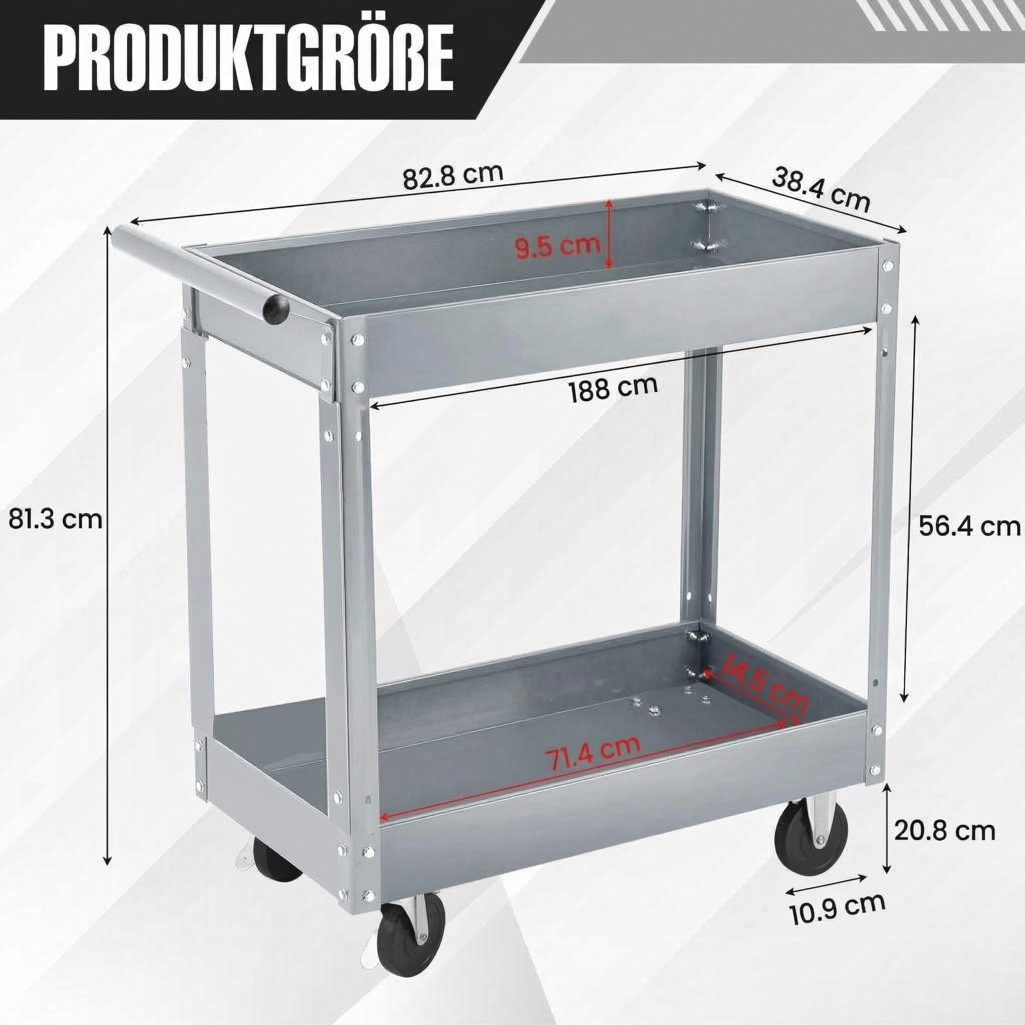 2-Stöckiger Werkzeugwagen, 150 kg Tragkraft, Robuster Metall-Rollwagen, Werkzeugaufbewahrung Für Mechaniker, Garage, Werkstatt, Lager Und Reparaturwerkstatt