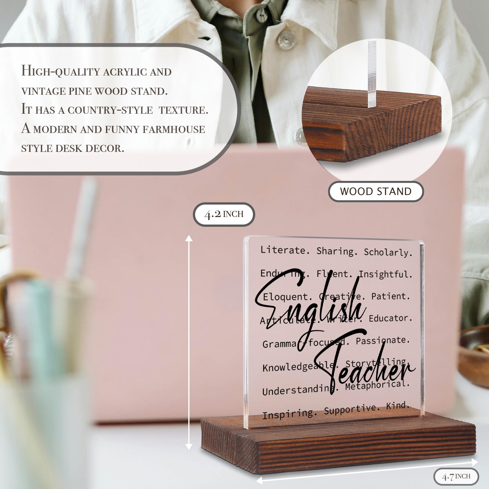 English Teacher Desk Decor, Education Week Appreciation Thank You Gifts for English Teacher, Women, Home Office Decorations Acrylic Decorative Signs Plaques WOW60