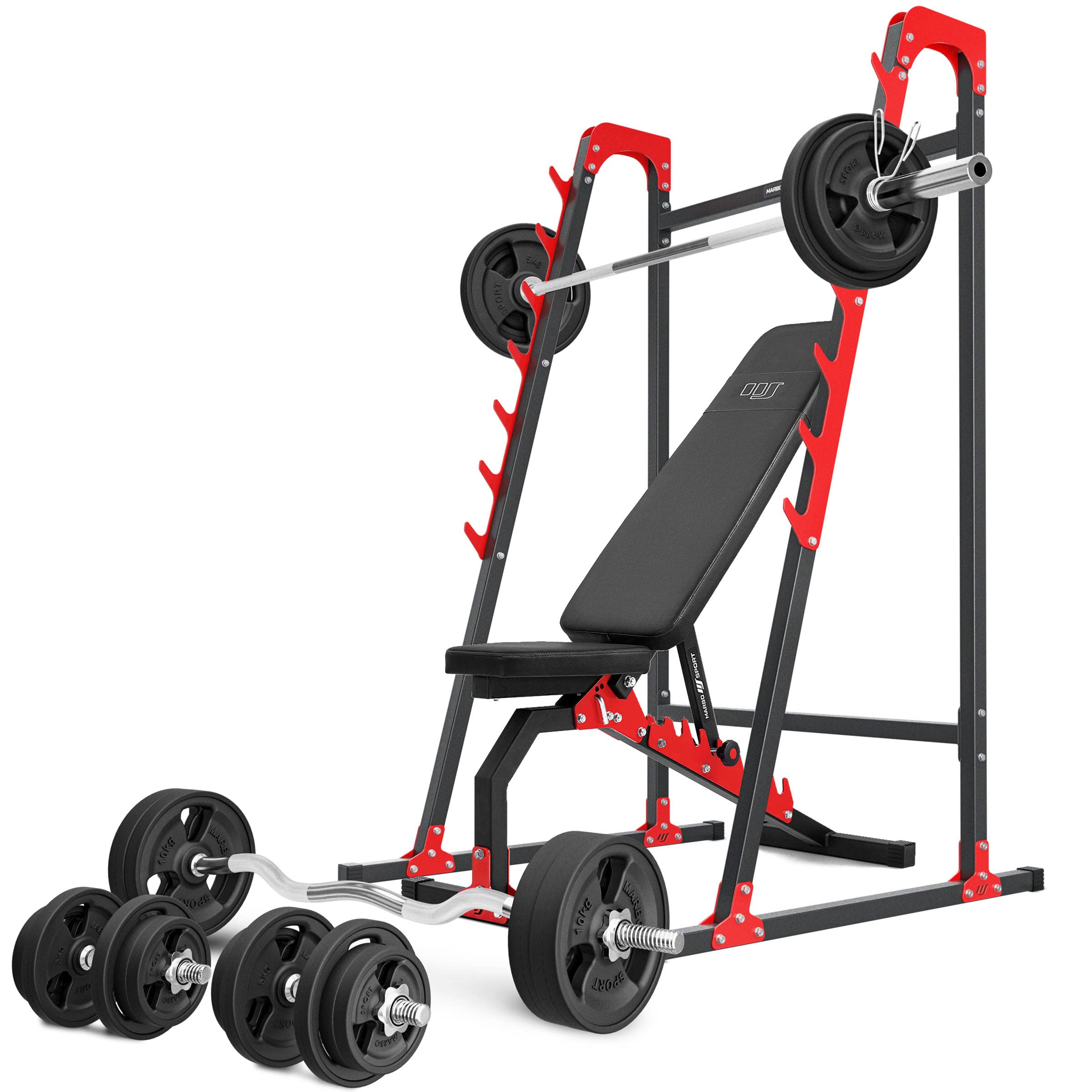 Marbo Sport - Set MH8 – verstellbare Hantelbank, Langehantelständer, 1 x SZ-Curlstange, 2 x Kurzhantelstange, 1 x Langhantelstange + Gewichtsscheiben/gummierte Gewichtsscheiben, 83/113 insg. kg