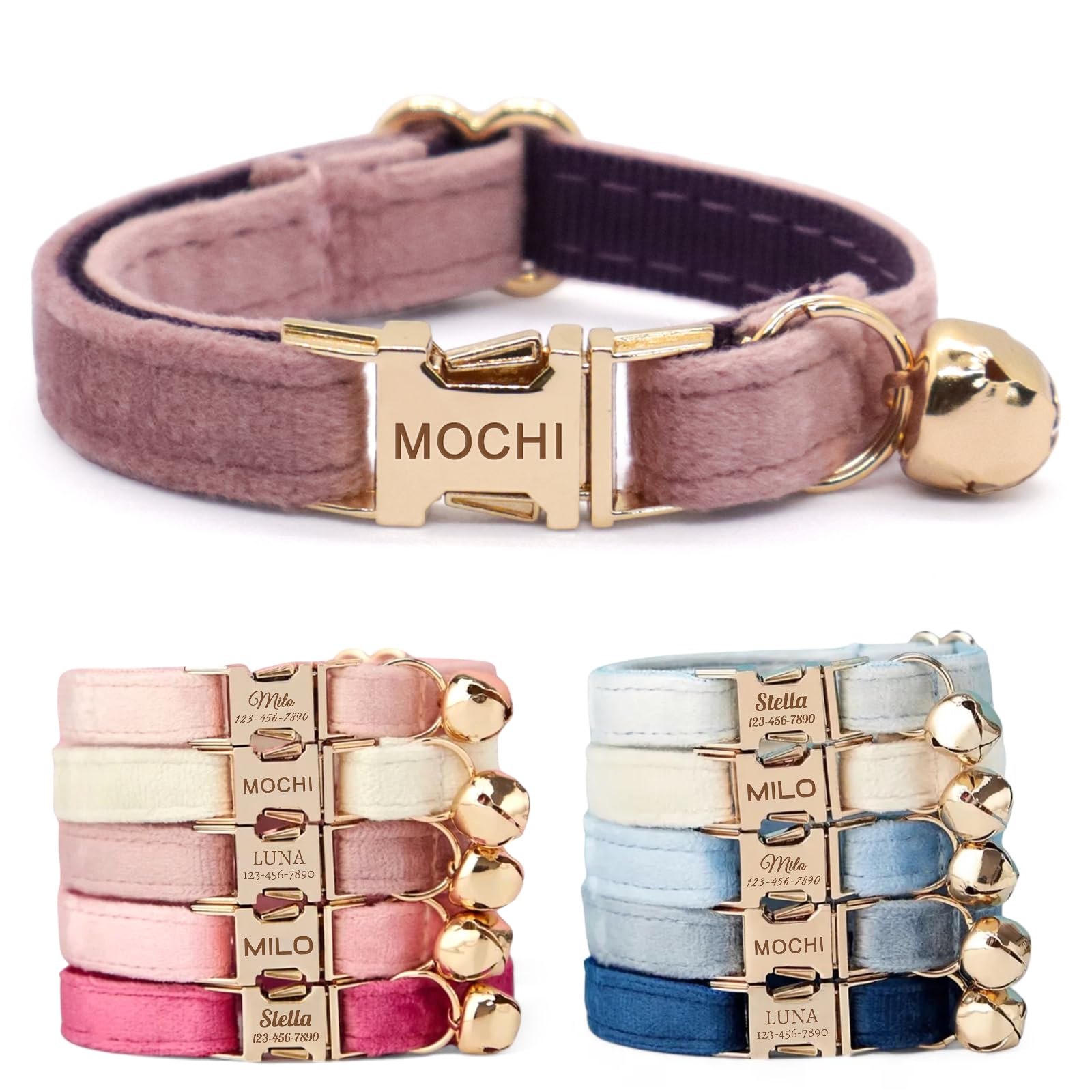 CHRYMPETIC Non-Breakaway Velvet Personalised Cat Collar with Name - Customisable Collar with Bell & Bow Tie Available (Pastel Purple)