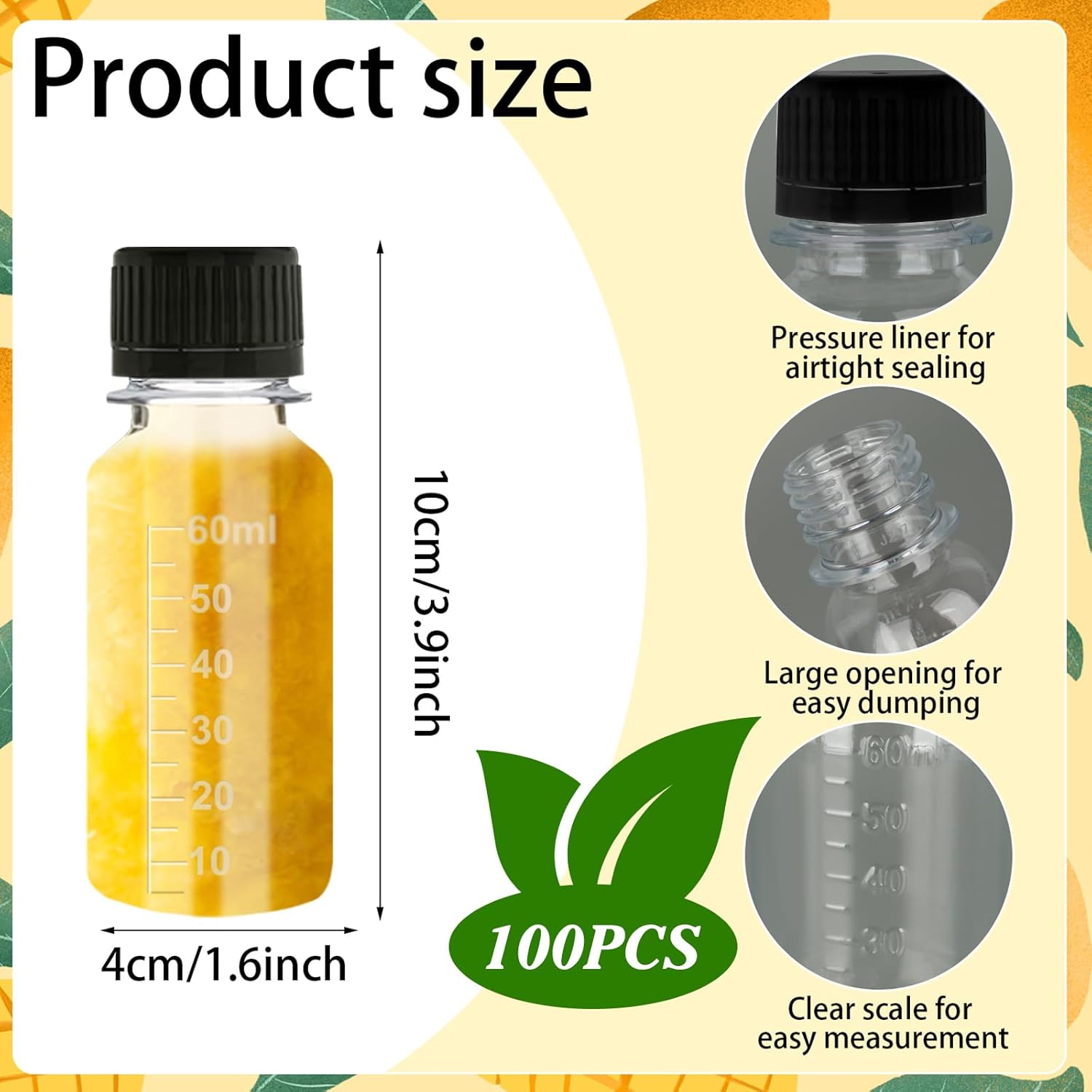 100 Pcs 2oz Plastic Shot Bottles with Caps, Small Clear Ginger Shots Bottles with Labels Travel Bottles with lids Mini Juice Shot Bottle with scale for Juicing Smoothie Milk Whiskey Liquid, 4 Funnels