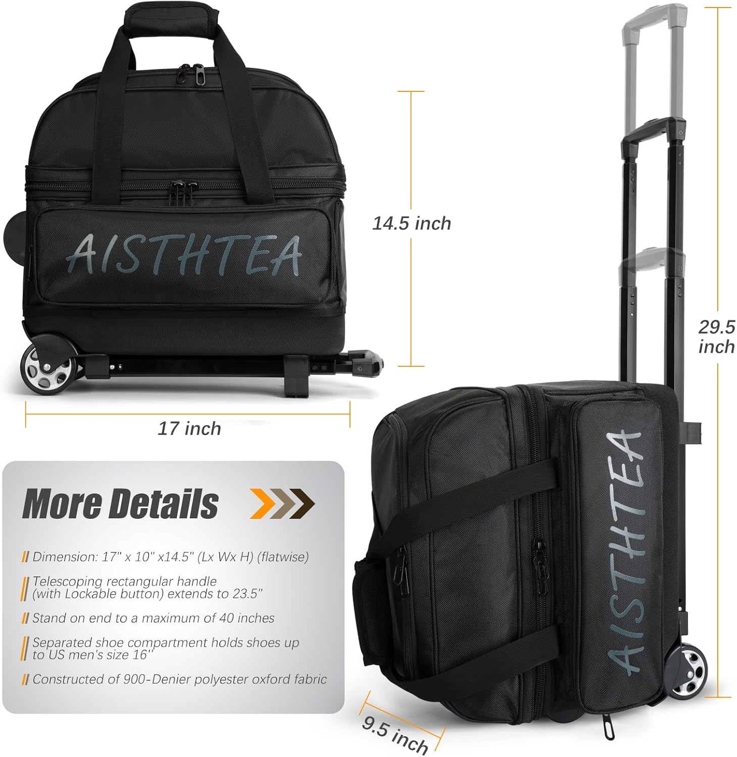 aisthtea 3 ball bowling bag with wheels, bowling bags 3 ball roller with large separate shoe compartment and oversized accessory pocket 2 ball bowling bag