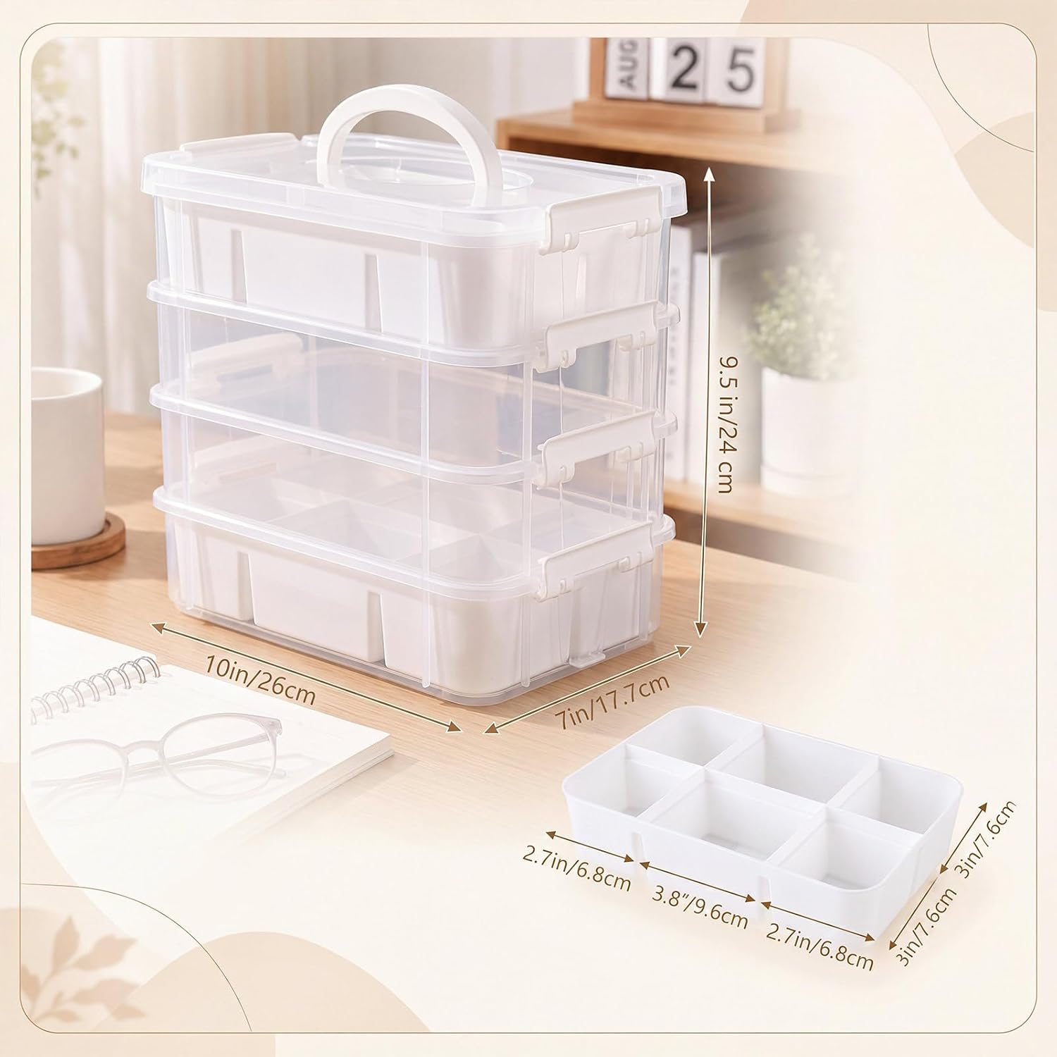 2 Pack 4-Tier Stackable Clear Storage Box with Divided Trays