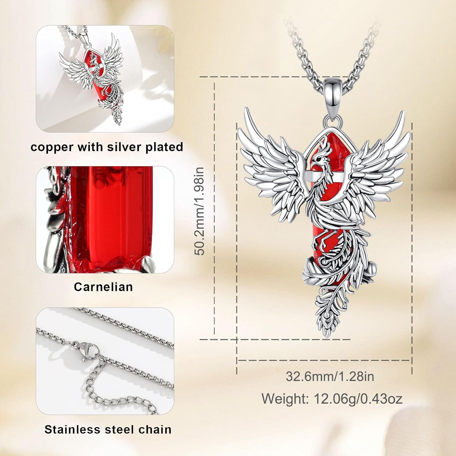 Vito Silver Plated Copper Phoenix Necklace for Women Men, Obsidian Turquoise Amethyst Phoenix Pendant Hexagonal Prism Crystal Protection Energy Amulet Jewelry Gift for Mom Wife, 22“/24” - Image 6