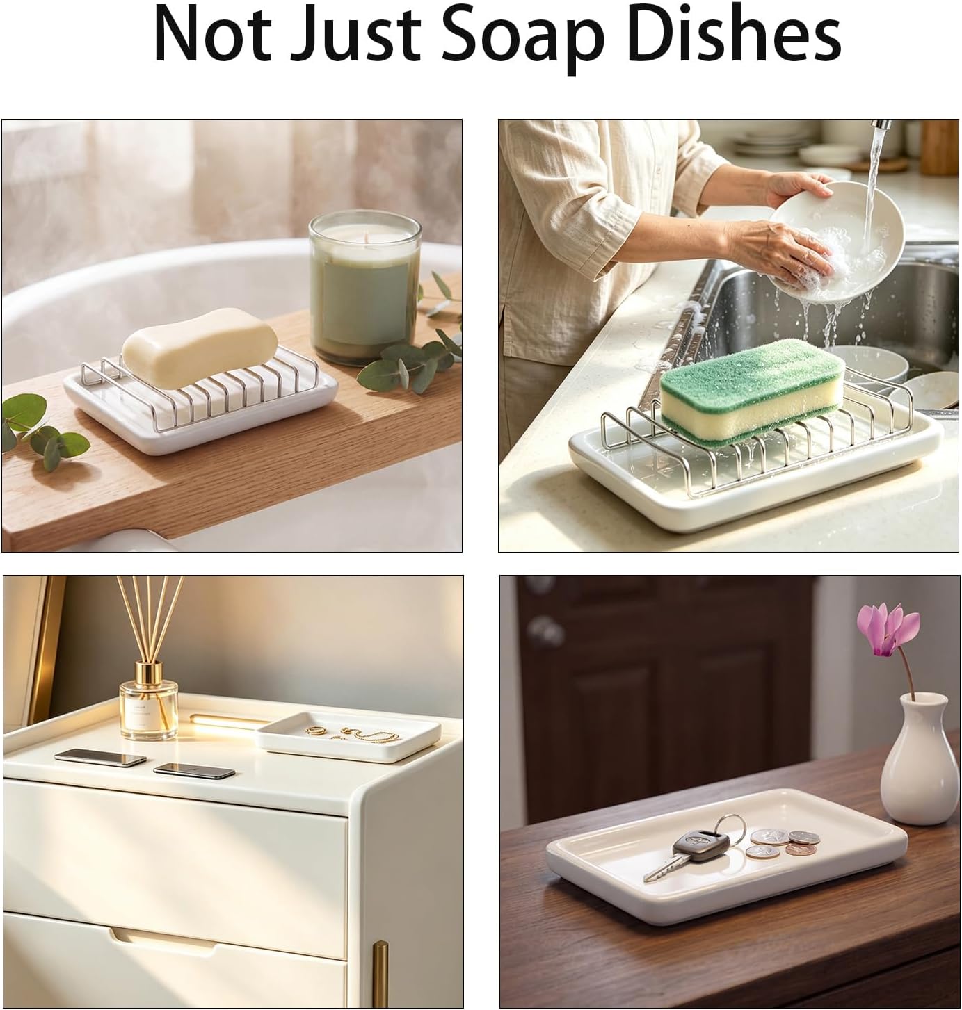 Ceramic Soap Dish with Stainless Steel Drain Tray Self Draining Soap Holder Sponge Holder Soap Dishes for Shower, Bathroom, Kitchen Sink