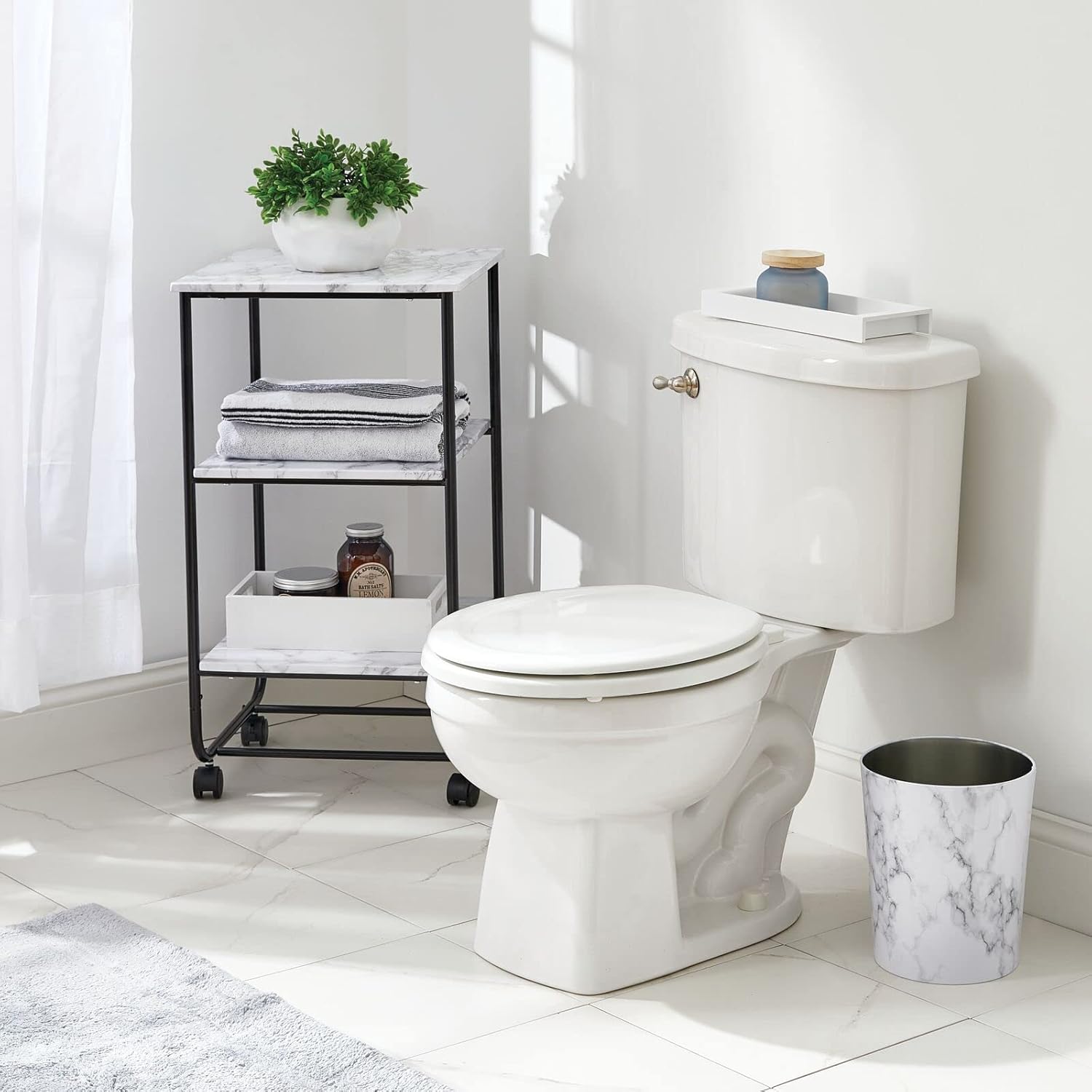 mDesign Round Metal Small 1.7 Gallon Recycle Trash Can Wastebasket, Garbage Container Bin for Bathrooms, Kitchen, Bedroom, Home Office - Durable Stainless Steel - Mirri Collection - White Marble