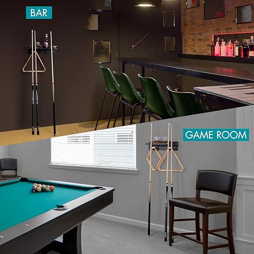 Miniatura 5 de XCSOURCE Soporte de pared para taco de piscina de bambú, soporte para 4 tacos con estante para bolas y soporte para bebidas, negro, 15.7 x 4.3 x 4.3