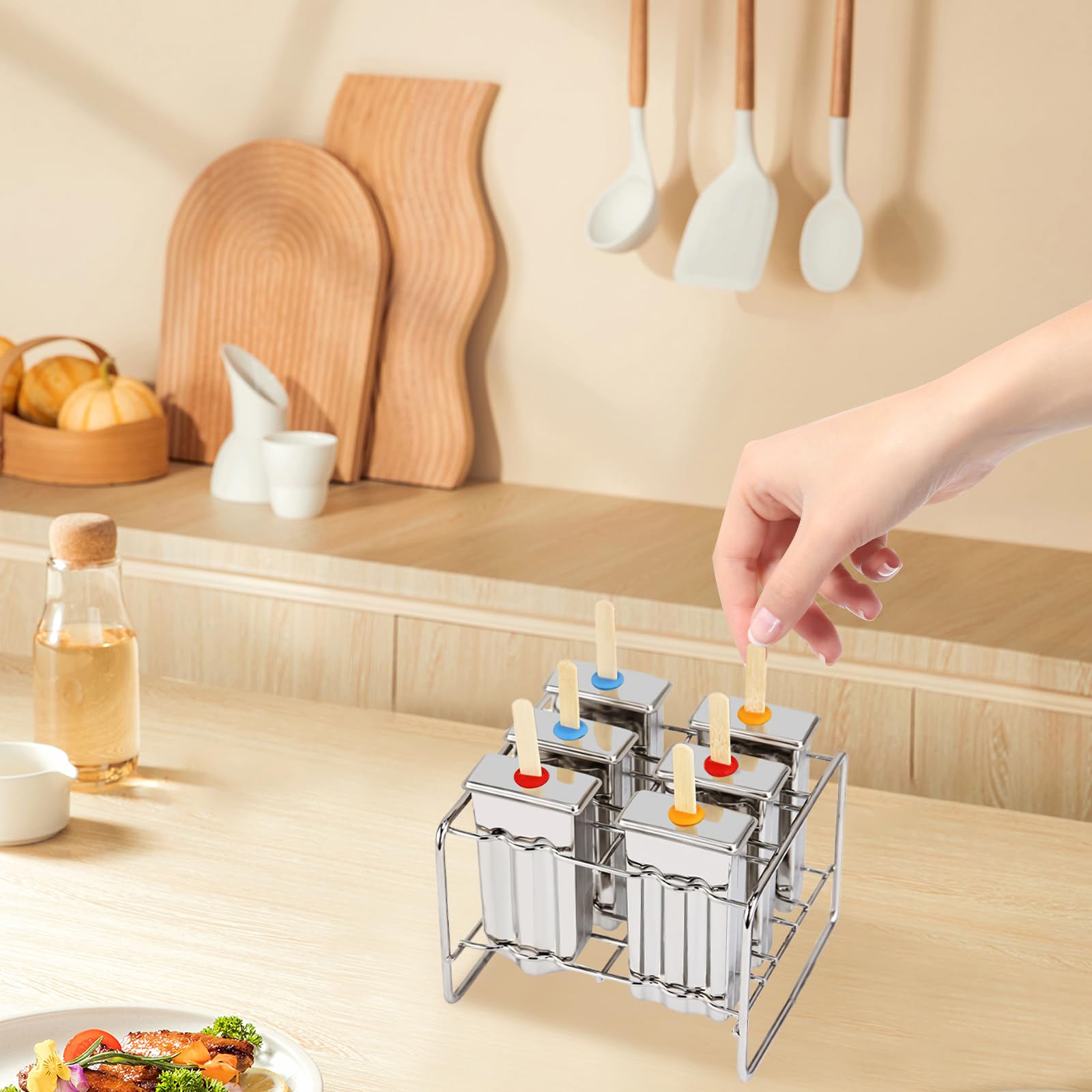 Lot de 6 moules à glace en acier inoxydable rainurés avec support (rond et plat) (style A)