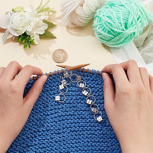 Miniatura 10 de NBEADS 2 unidades de 2 tamaños de cadena plana redonda para contador de filas, números de aleación esmaltada, marcadores de puntada para tejer