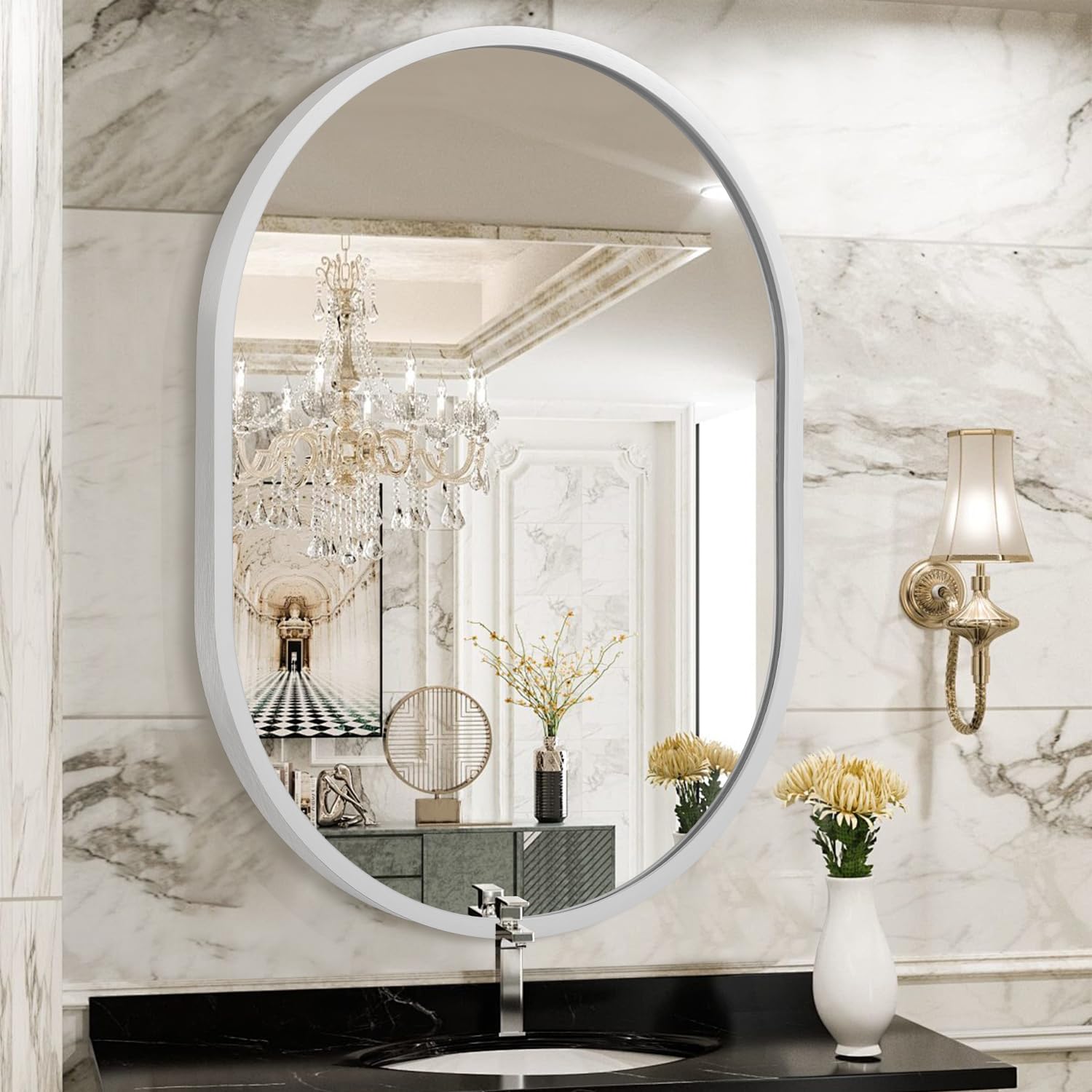 JJUUYOU Oval Bathroom Mirror with Metal Framed 50x40cm Hanging Oval Mirrors for Wall Vanity Mirrors Living Room Entryway Bedroom Silver