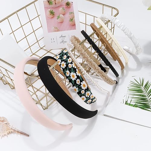 Miniatura 6 de TOBATOBA Juego de 9 diademas de moda para mujeres y niñas, diademas antideslizantes para cabello de mujer, diademas de perlas de flores, colores