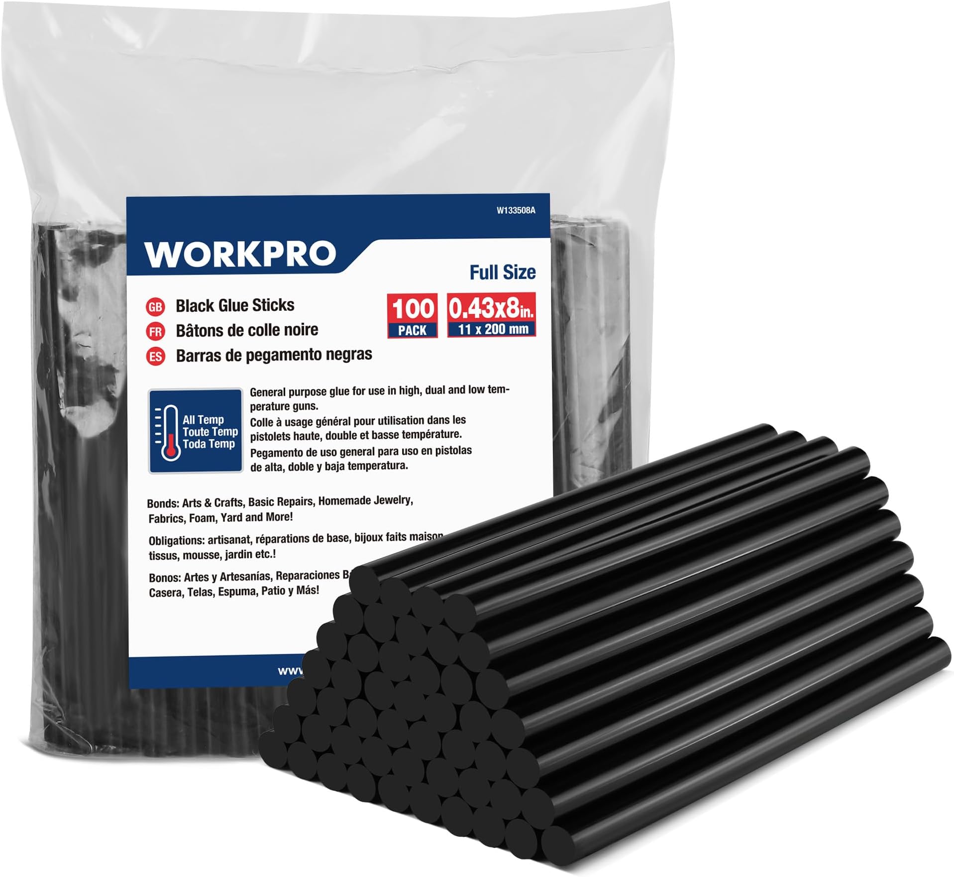 - WORKPRO 100 Pack Black Hot Melt Adhesive Glue Sticks for All-Temp Glue Guns, 0.43x8 Inches, Multipurpose for DIY Craft General Repairs, Home Decorations and Gluing Projects