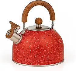 Chaleira de Inox com Apito KOALAECOM® – 2 Litros, Cabo Madeira Ergonômico e Antitérmico, Fundo Reforçado para Indução, Gás e Elétrico – Design Moderno, Elegante e Resistente à Corrosão (Vermelho)