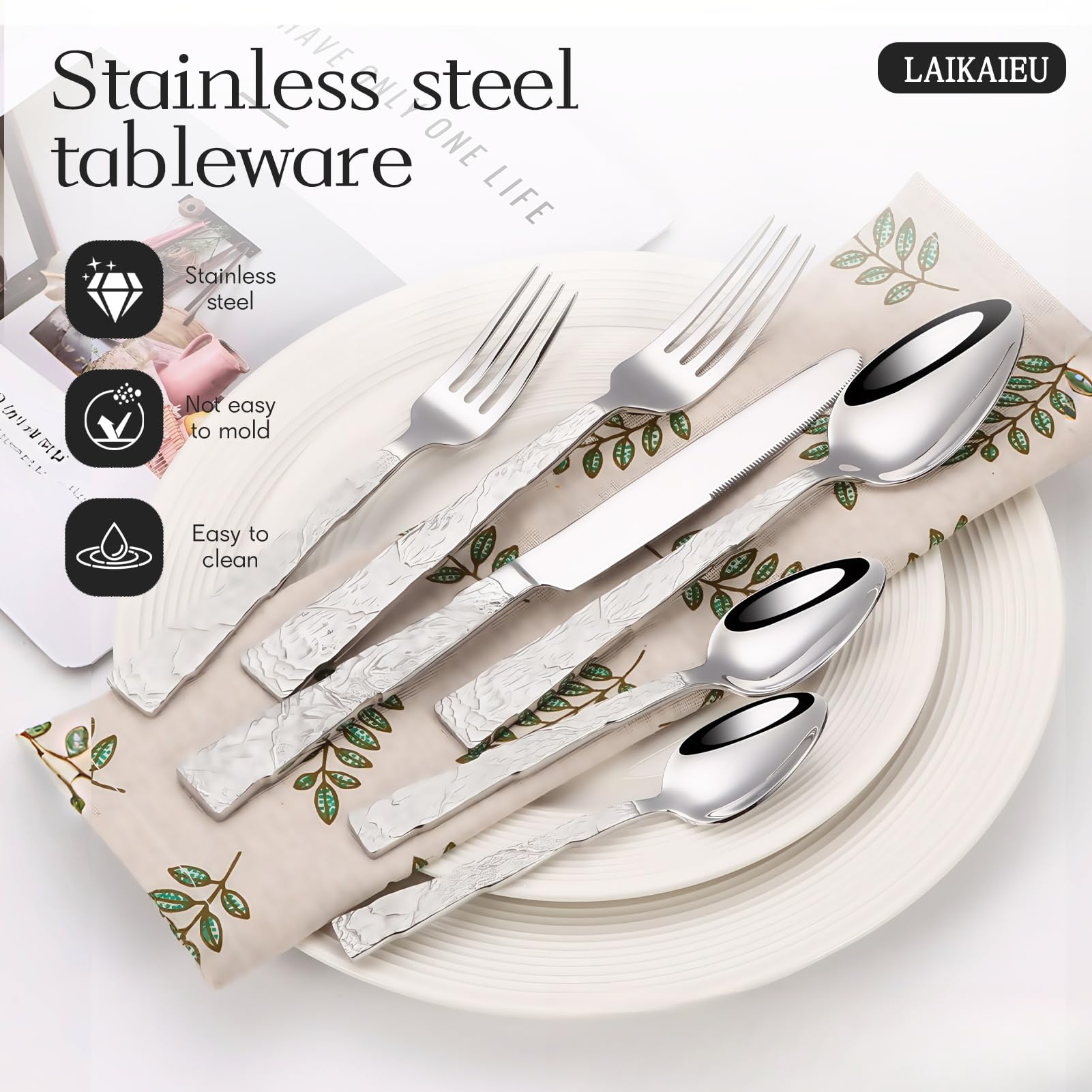 Besteckset Besteck Set 18/10 Edelstahl, Griff Mit Geschnitztem Design, Inklusive Messer Gabel Löffel, Elegant Langlebig Geschirr Für Haus, Hotel, Restaurant, Neues Haus (Silber Set A,16pcs)
