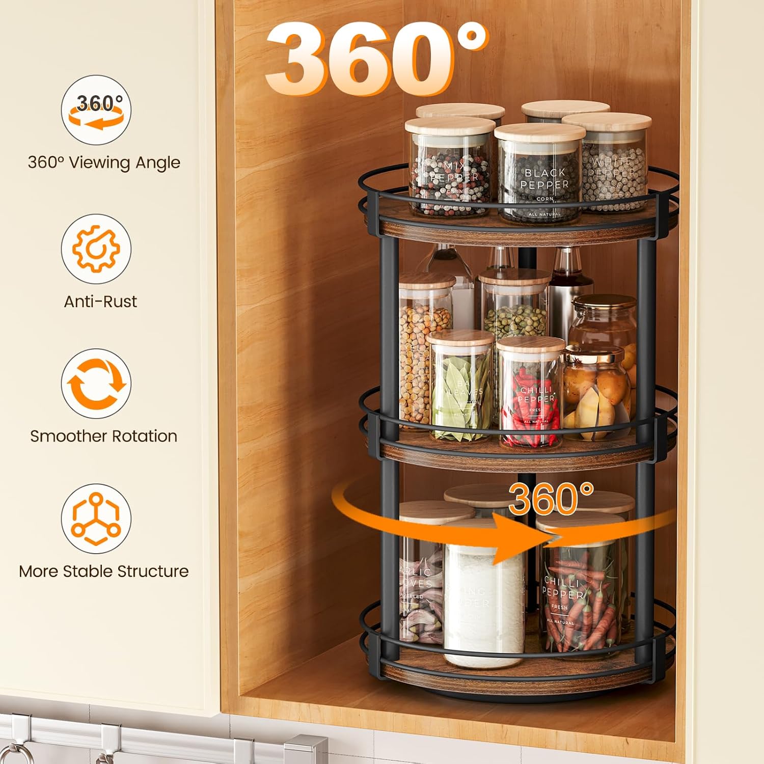 Rotating Spice Ra, 2 Tier Lazy Sn Organizer, Wood Kitchen