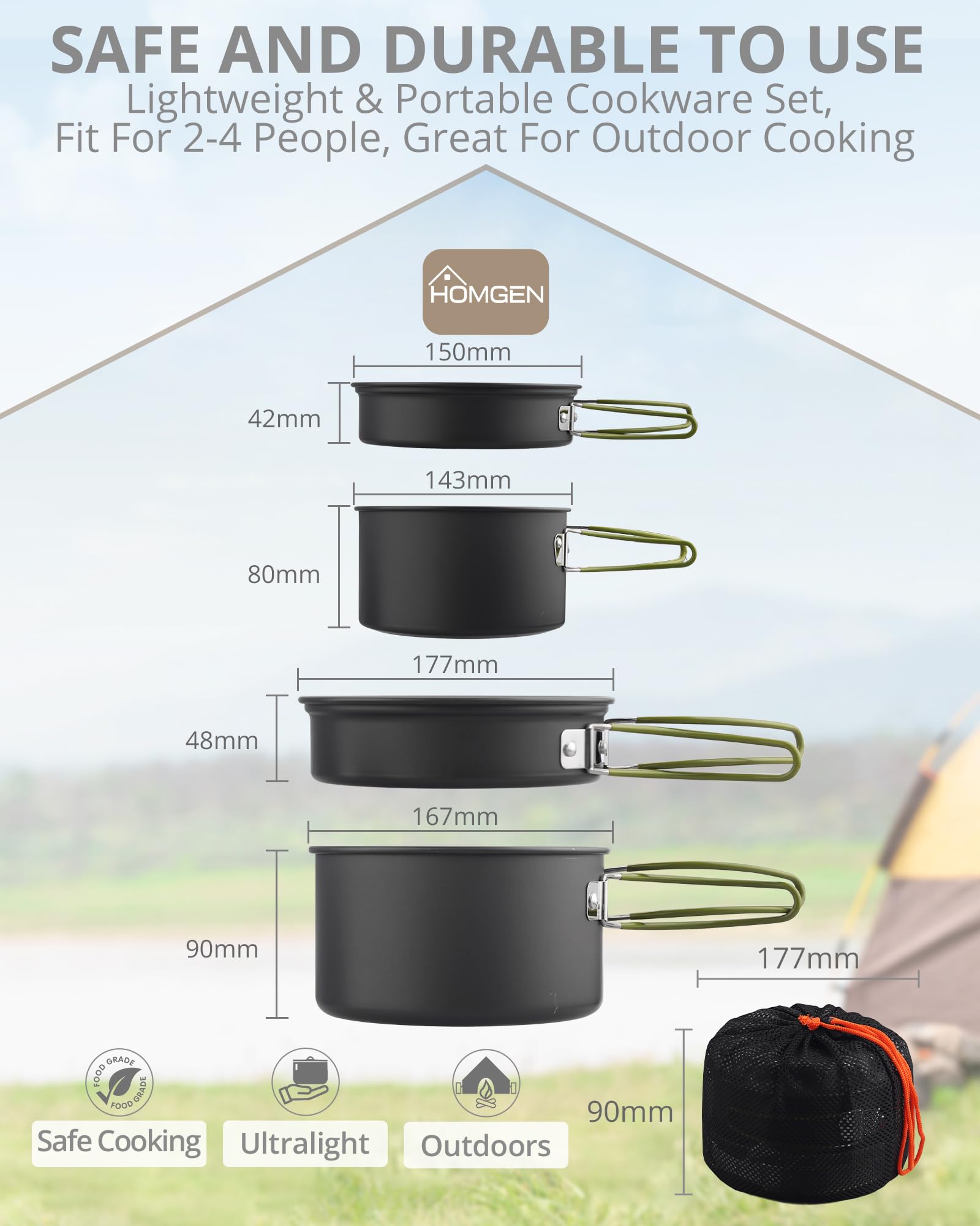 HOMGEN Set da cucina da campeggio Set di pentole e padelle da campeggio in alluminio Kit di pentole da campeggio portatile Kit di cottura leggero Attrezzatura da cucina da campeggio per 2-3 persone