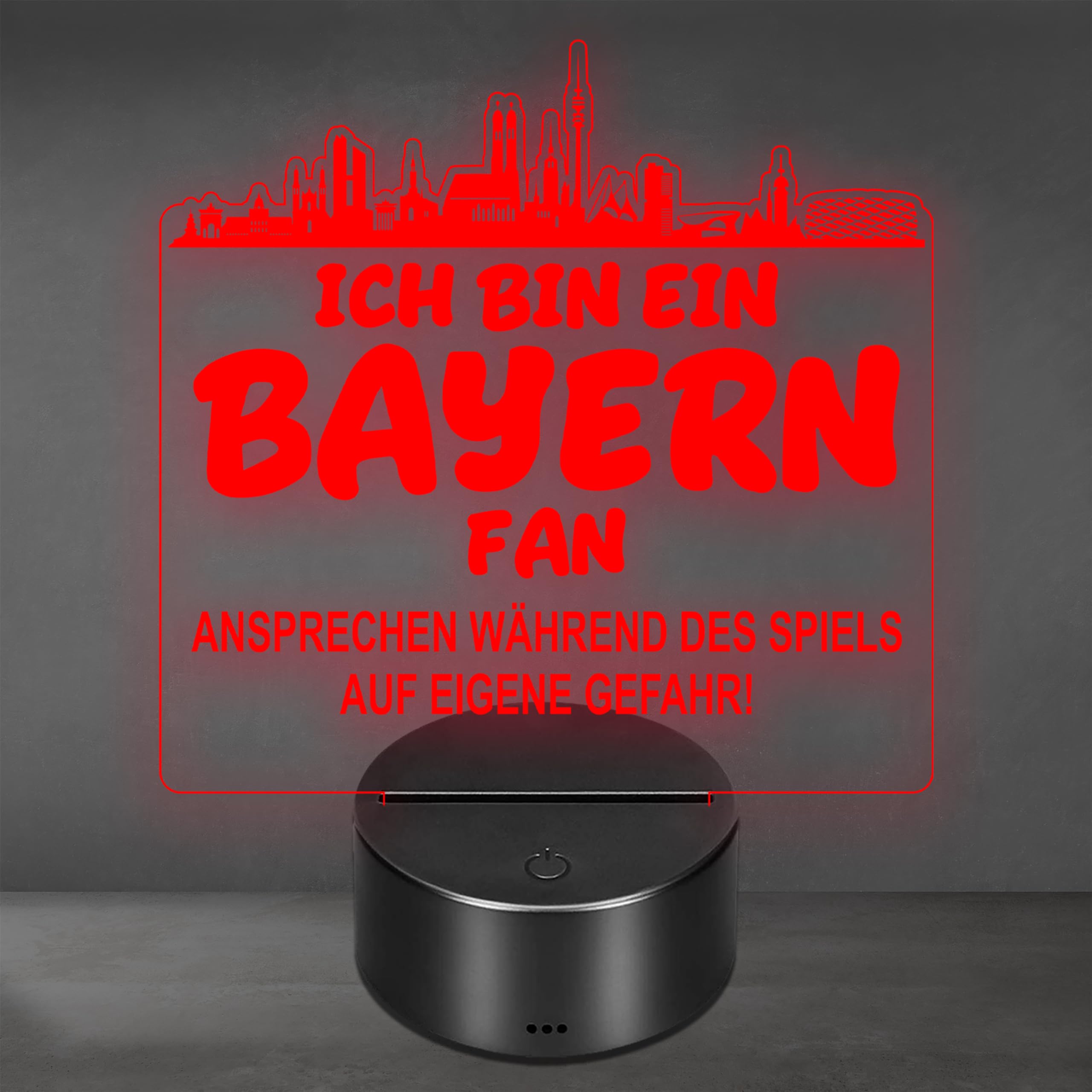 Lieblingsmensch Bayern Fan Fußball LED Nachtlicht – 3D Skyline Design „Ansprechen auf eigene Gefahr“ – RGB Farbwechsel mit Fernbedienung & Touch – Stimmungslicht für die Man Cave – 19x23cm