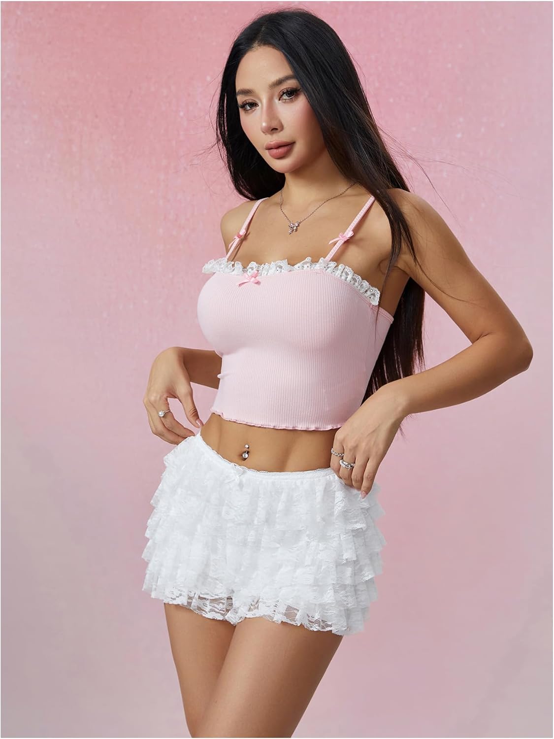 MakeMeChic Women's Floral Lace Bubble Micro Shorts Tiered Ruffle Y2k Bloomers Pumpkin Shorts - Image 5