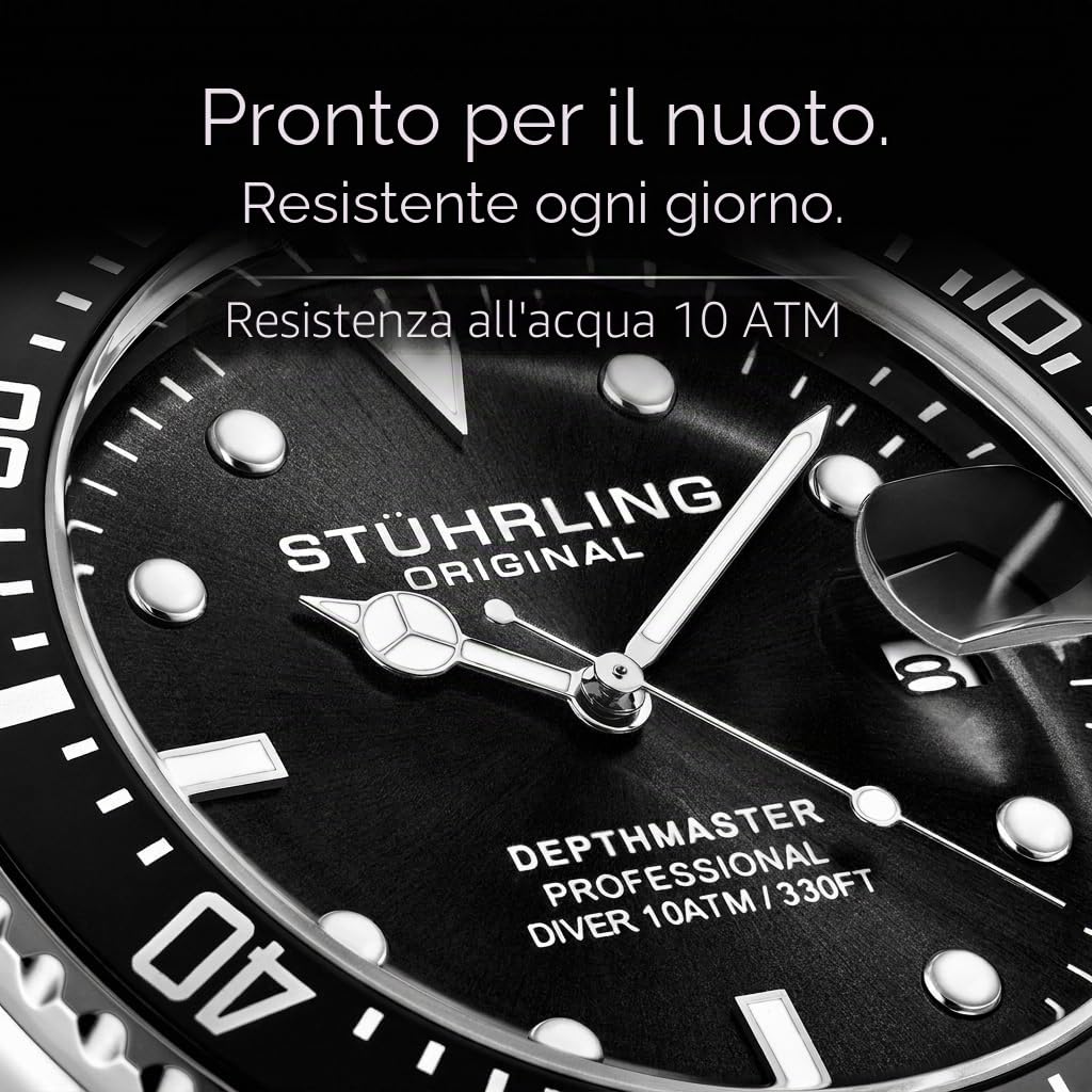 Stuhrling Original Orologio subacqueo da uomo, cassa in argento da 42 mm con corona a vite, cinturino in gomma, resistente all'acqua fino a 100 m.
