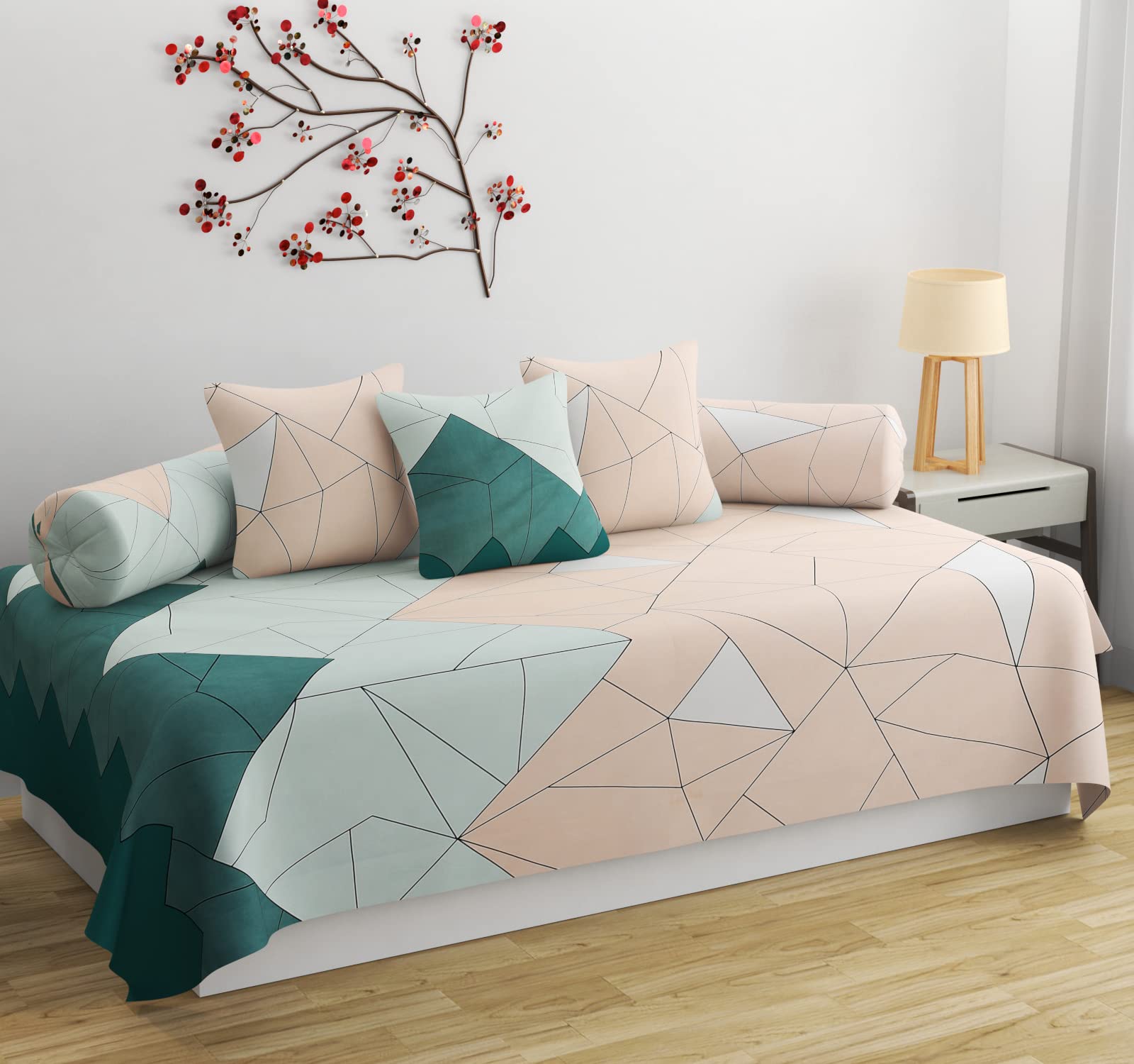 LOPUNNY Floral 240 TC 100% Microfiber Elegant Design Diwan Set with 6 Pieces, 1 Single Bed Sheet with 3 Cushions Covers and 2 Bolster Covers(Cream)-image-4