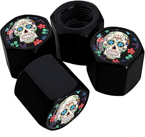 Metal Car Wheel Tire Valve Stem Caps 4 Pack Sugar Skull Print Aluminum Car Tire Air Valve Caps for Cars, Trucks, Bikes, Motorcycles, Bicycles, Corrosion Resistant