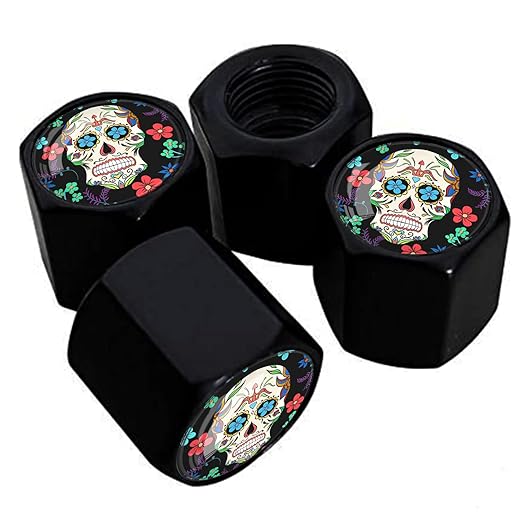 Metal Car Wheel Tire Valve Stem Caps 4 Pack Sugar Skull Print Aluminum Car Tire Air Valve Caps for Cars, Trucks, Bikes, Motorcycles, Bicycles, Corrosion Resistant