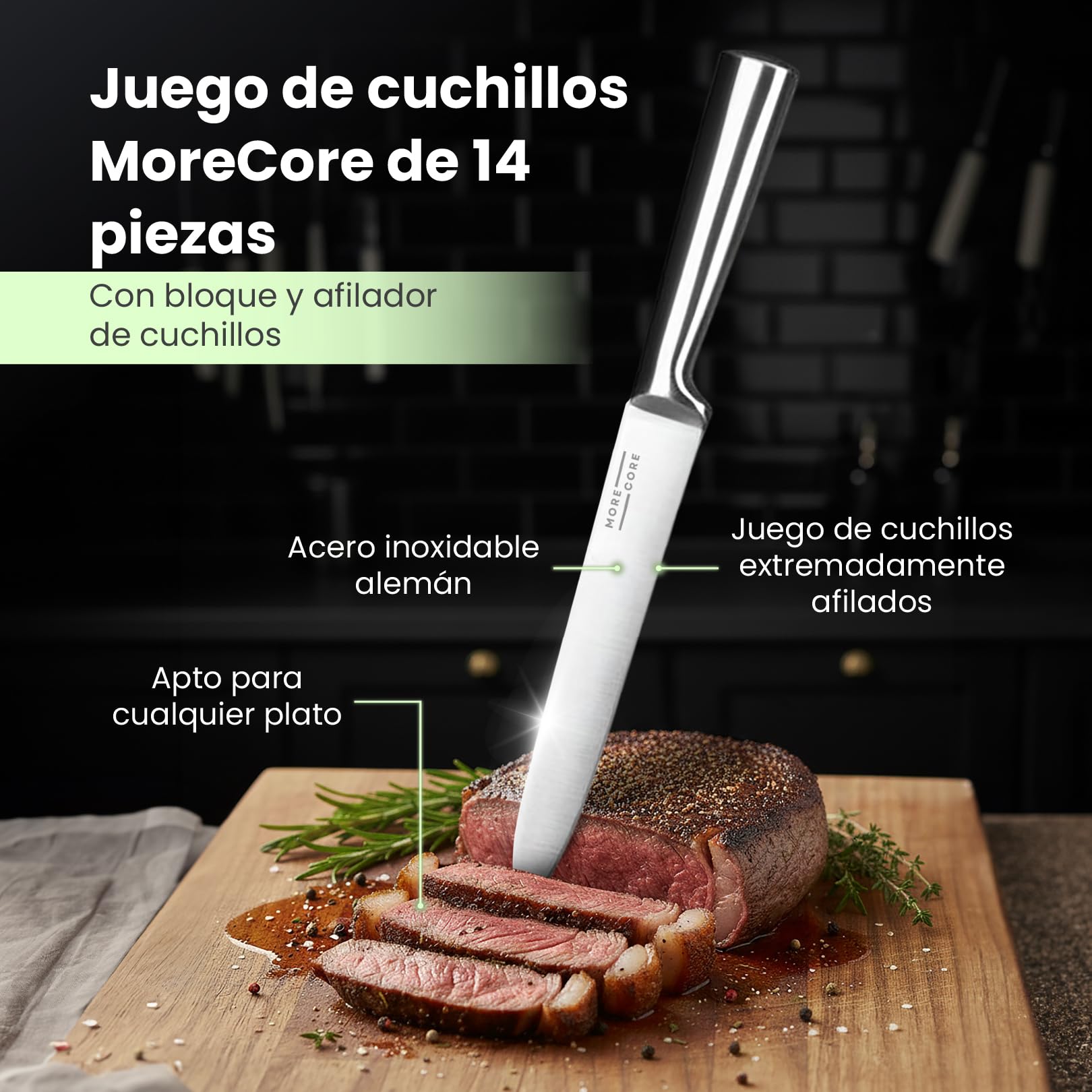 MoreCore Juego de Cuchillos de 14 Piezas, Bloque de Cuchillos con Afilador Integrado, Acero iInoxidable Alemán, Juego de Cuchillos de Chef con Bloque, Cuchillo de Cocina Profesional y Tijeras, Apto Pa