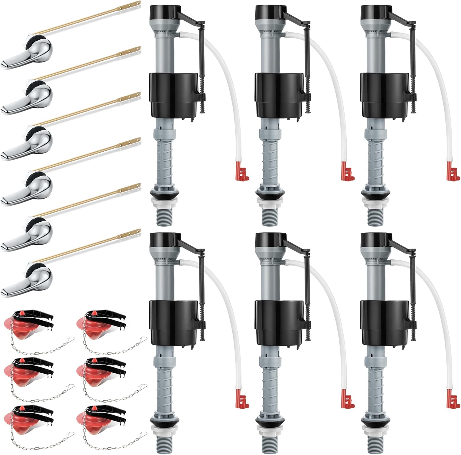 Saillong 6-Pack Universal Toilet Tank Repair Kit: Fill Valve, 2" Low-Flow Flapper, Brass Flush Lever - Quiet, Adjustable, Easy DIY Install