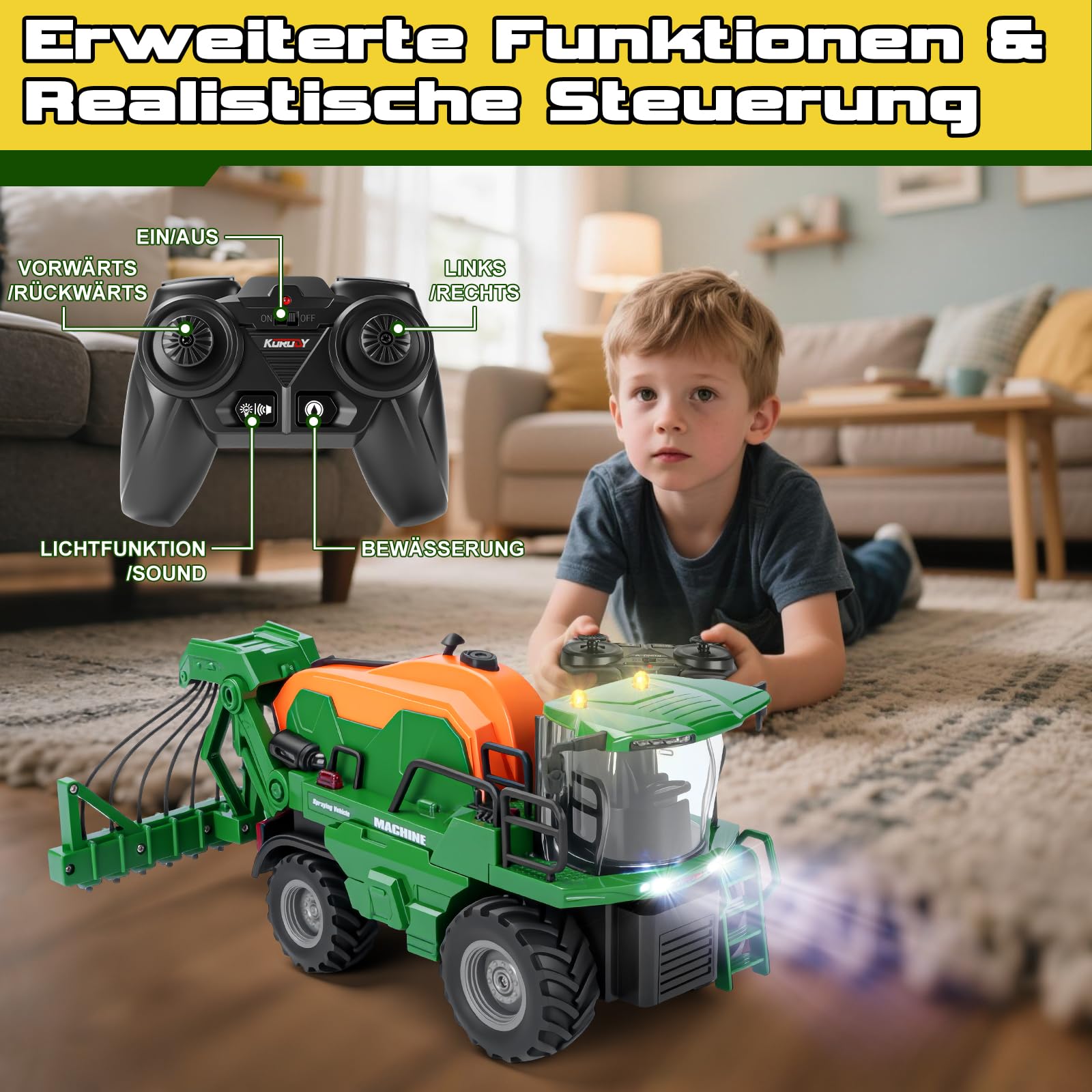 Ulikey Ferngesteuerter Traktor, RC Spritzen Fahrzeug Kindertraktor, Trecker Spielzeug mit Anhänger, Licht und Ton, Bauernhof LKW Spielzeug Geschenk für Kinder ab 4 5 6 Jahre