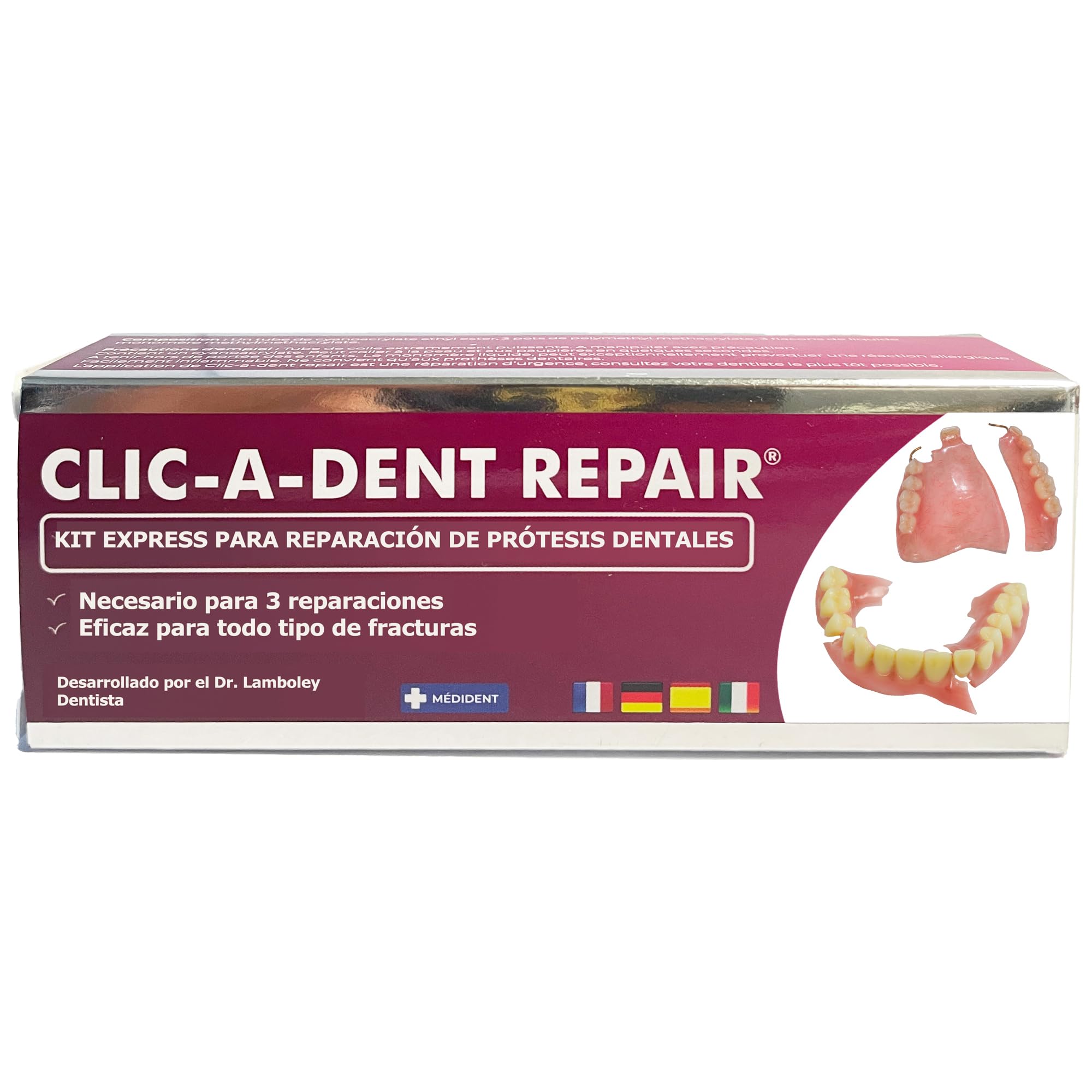 CLICADENT REPAIR- Kit de reparacion para una dentura postiza o un diente suelto