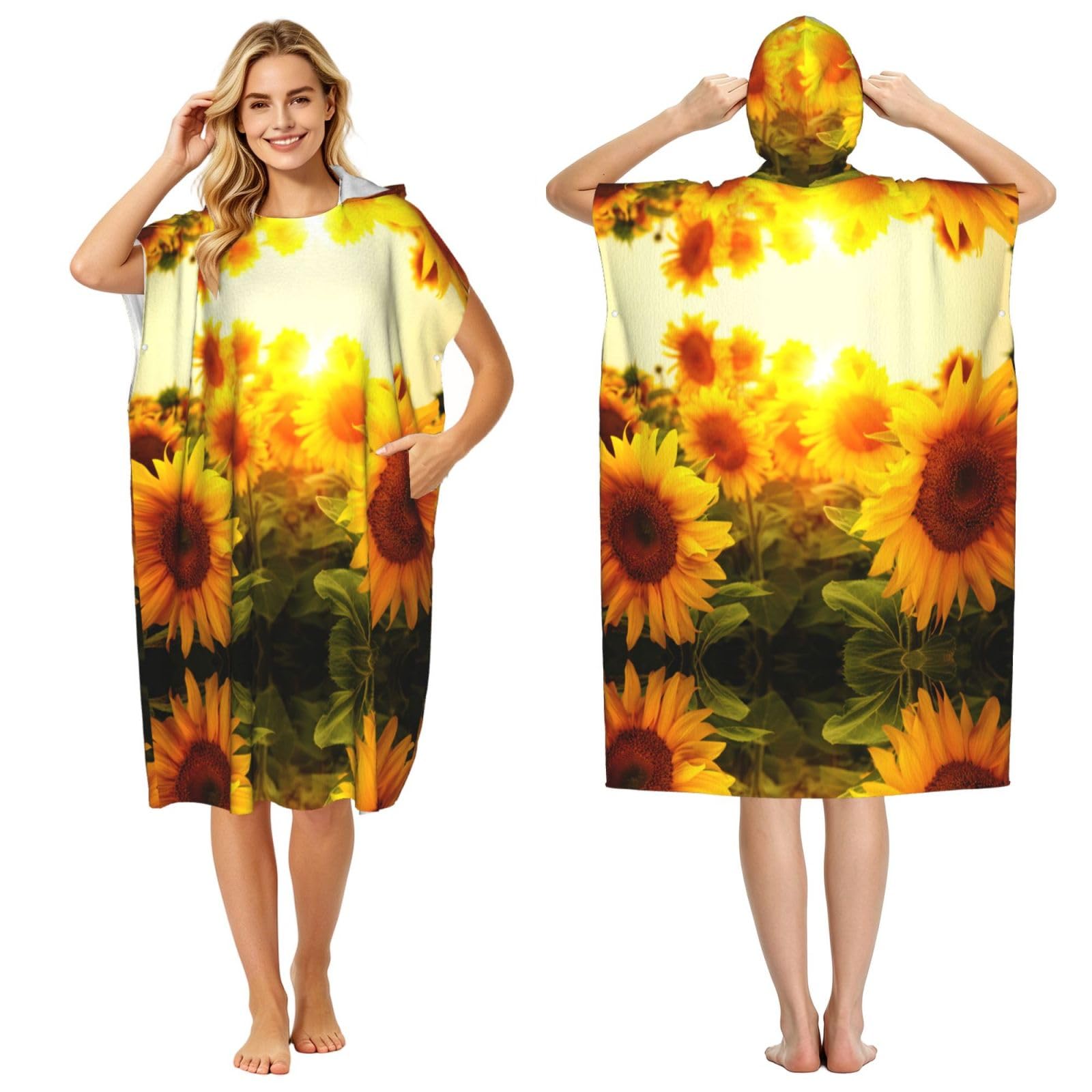 Sunflower Field On Bright Sunshine Print Changing Robe, Hooded Towel Poncho For Swimming Pool, Beach,Quick Dry & Light Weight Towelling Poncho For Adults Women Men