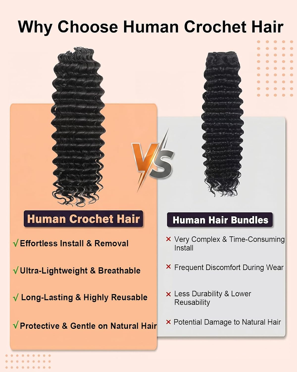 Deep Wave Human Crochet Hair for Black Women, 14 Inch 50g Feather Miracle Knots Crochet Human Hair, Pre-Separated Lightweight Bundles,50 Strands Reusable Hair Extensions for Women,Natural Black