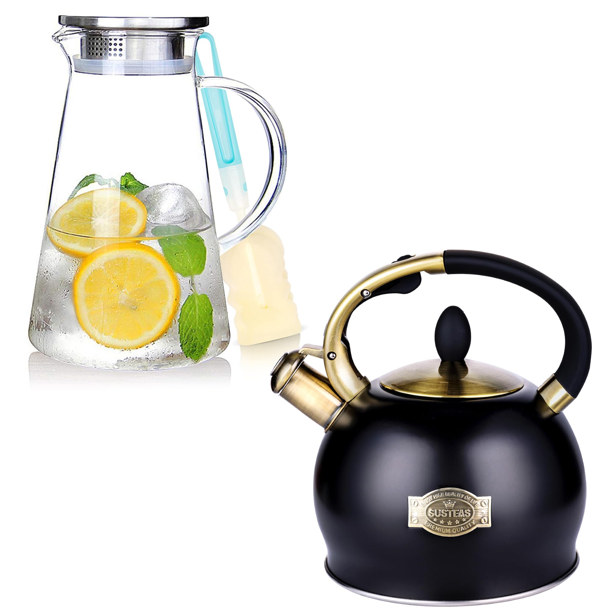 SUSTEASStove Top Whistling Tea Kettle 2.64 Quart((BLACK)) and SUSTEAS 2.0 Liter 68oz Glass Pitcher with Lid