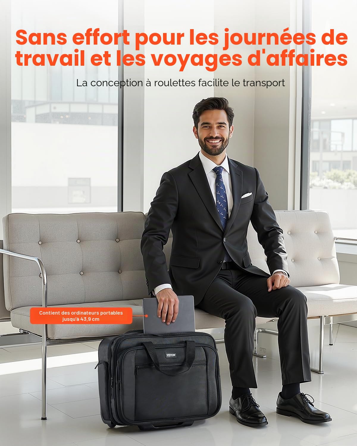 VEVOR Sac à roulettes pour Ordinateur Portable 17,3 Pouces, Mallette à roulettes pour PC, Poignée Télescopique à 4 Hauteurs, Tissu Oxford 1680D, pour Travail, Voyages d'affaires, Femmes, Hommes, Noir