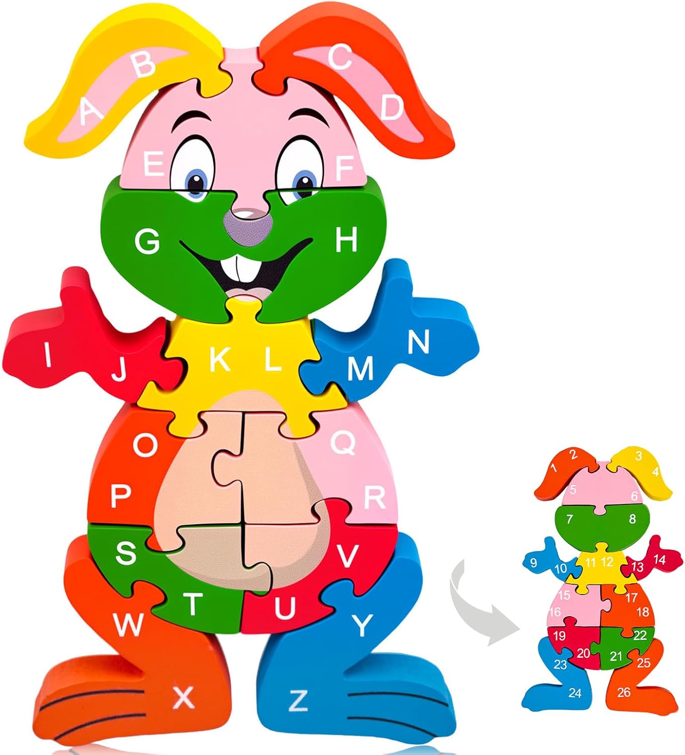 LovesTown Wooden Puzzles for Kids, Double Sided Giraffe Jigsaw with Alphabet & Numbers, Montessori Educational Toy for Toddlers, Chunky Animal Gift