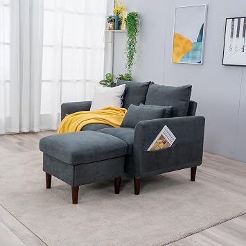 Panana 2 Seater with Footstool Chaise Small L-Shaped Corner Sofa Couch Armchair Furniture for Living Room Office (Gray Linen, 2 Seater + Ottoman)