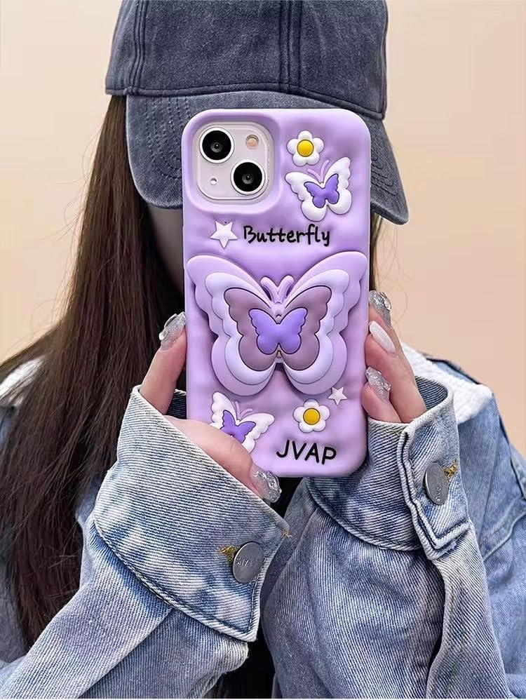 Image of COVERLY for iPhone 12 Pro 3D Butterfly Cartoon Pop Case,Premium Silicone Case Love Lavender Color with Phone Holder Cool Full Protective Cute Kawaii Aesthetic Cover for Apple iPhone 12 Pro